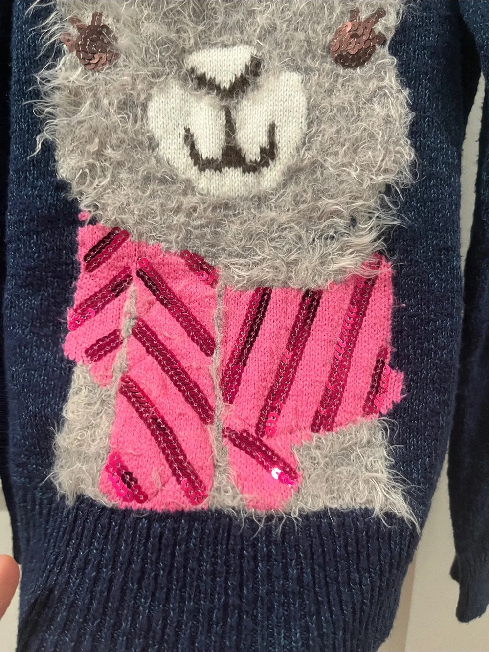 Navy Graphic Alpaca Knit Sweater with Pink Sequin Scarf Justice Girls 14 EUC